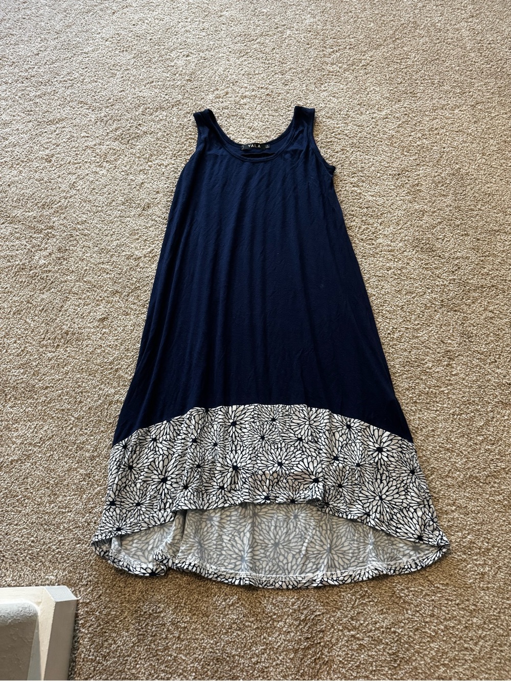 Yala Navy Blue Tank Midi Dress with Black & White Floral Hem